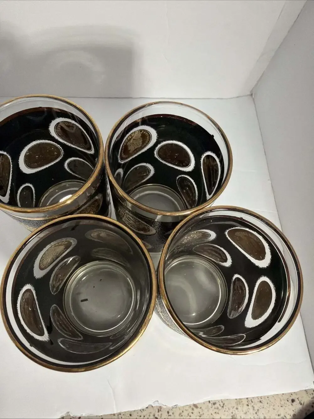 4 VNTG 1960’s Libbey Black Textured 22k Gold Coin Design MCM Tumblers High Ball